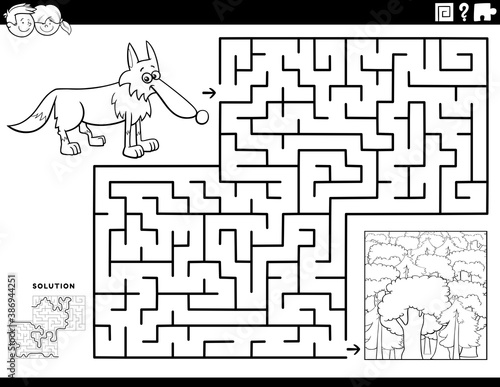 maze game with wolf and forest coloring book page