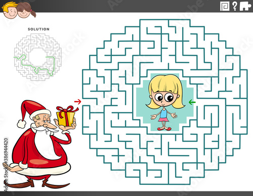 maze educational game with Santa Claus with Christmas gift