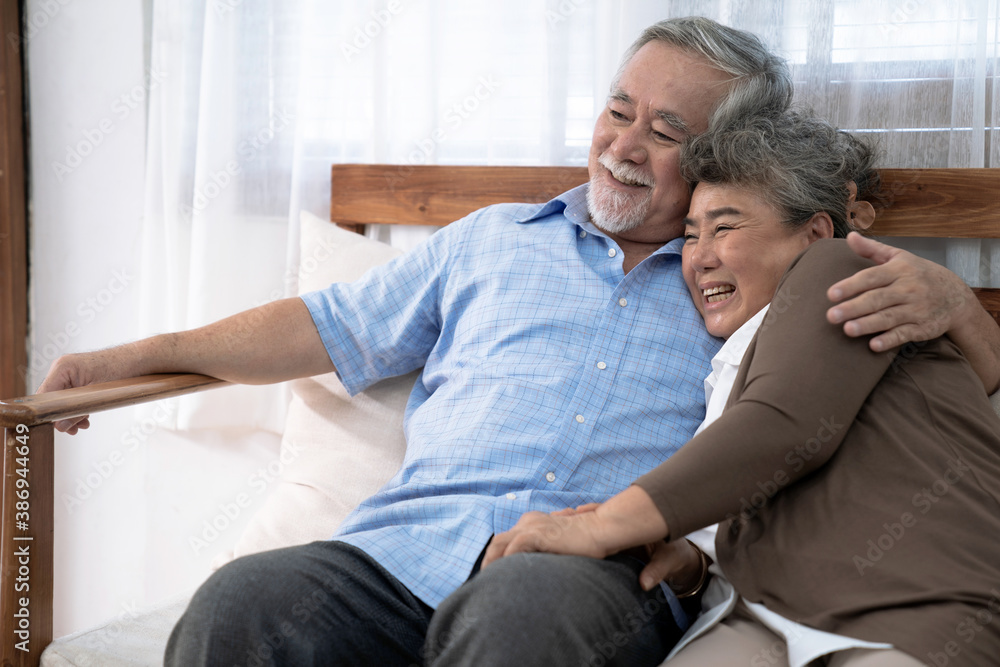 Happy and smiling Asian couple while sitting on sofa at home, Lifestyle after retiree. Happy and smiling Asian couple while sitting on sofa at home, Lifestyle after retiree.