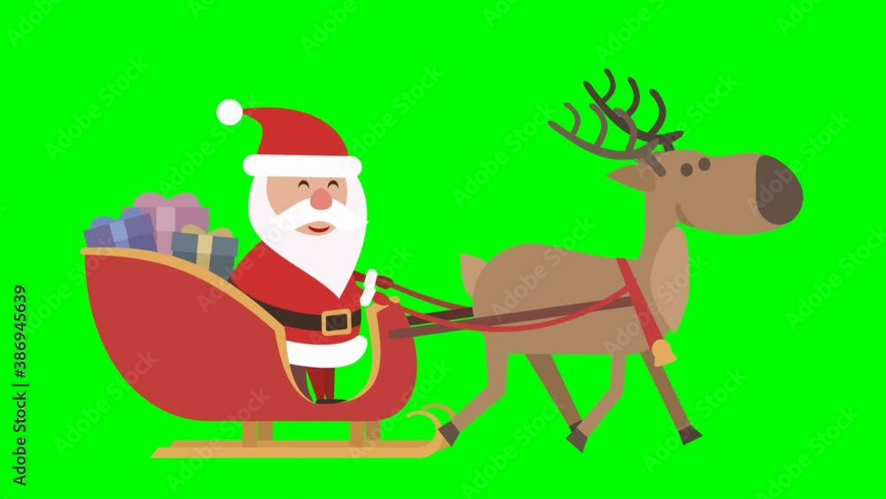 Traîneau du père noël en mouvement sur fond vert (flat design, boucle)