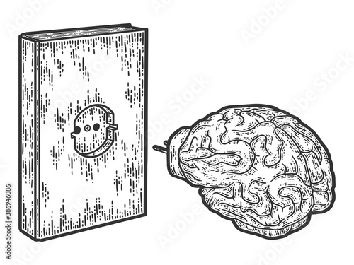 Book charging brain concept. Engraving vector illustration, sketch.