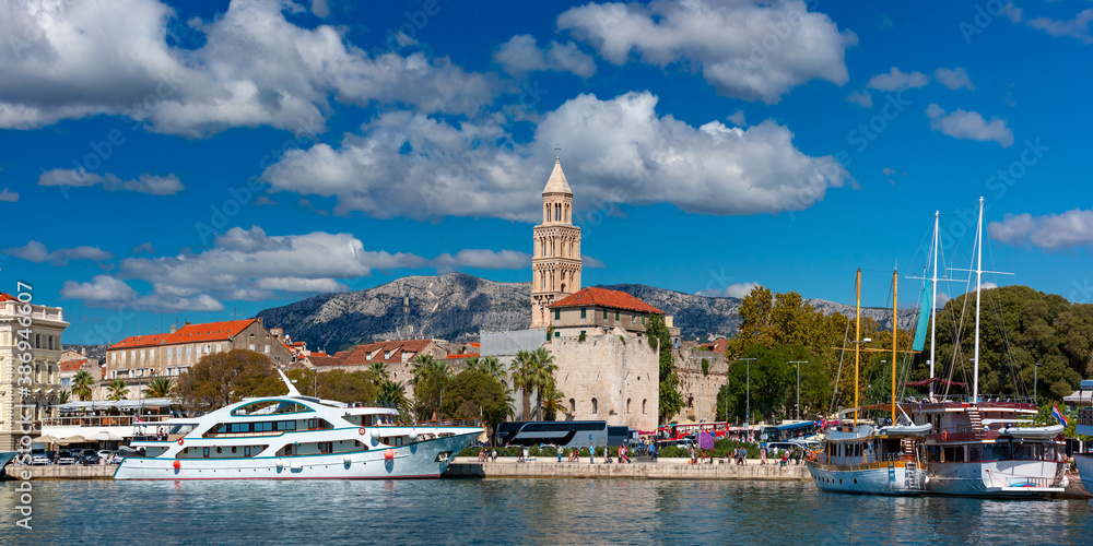 Panoramic view of Emperor Diocletian Palace and bustling waterfront Rive in Split, Croatia