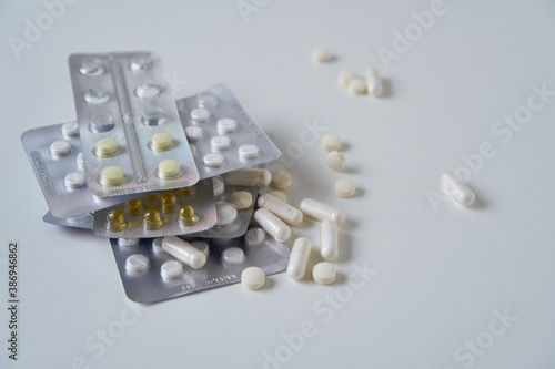 Assorted pharmaceutical medicine pills, tablets and capsules  
