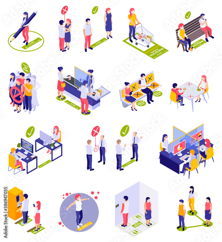 Social Distancing Isometric Icons Set