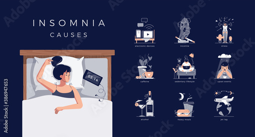 Insomnia causes vector illustration set. Sleepless young woman in bed. Reasons of insomnia: electronic devices, cigarette, coffee, alcohol, stress, depression, jet lag, heavy meal, sedentary lifestyle