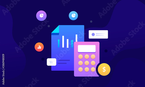 Financial accounting statements analysis, annual statements business plan. The income statement, company financial statement, balance sheet, Profit and loss report. Cash flow, creative illustration