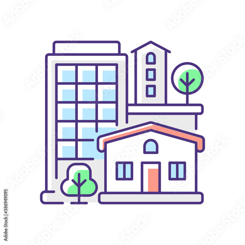 Property type RGB color icon. Office building in downtown. Residential house for dwelling. Highrise in neighborhood. Suburban home. Tall skyscraper. Condo for living. Isolated vector illustration