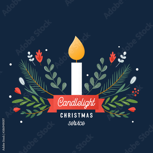 Candle and Ornaments Christmas Eve Candlelight Service Invitation. Vector Design