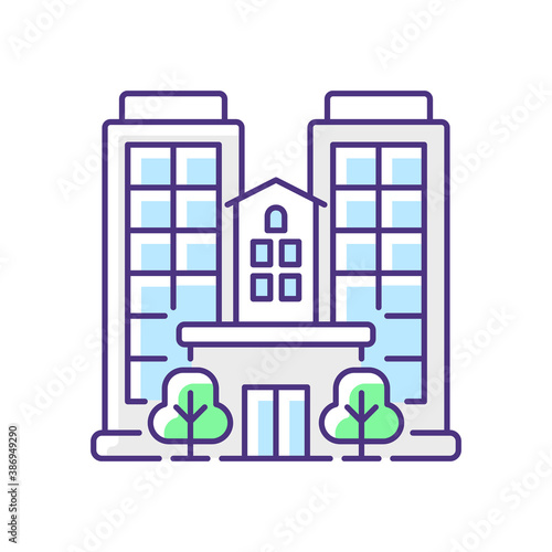 Condominium RGB color icon. Tall building. High house. Skyscraper complex. Highrise with offices. Business corporation in city. Condo with accommodation. Isolated vector illustration