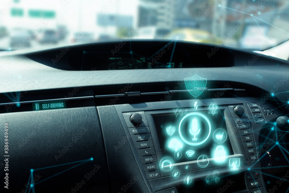 head up display of digital technology network panel control, autonomous smart ai car, self-driving system vehicle, HUD