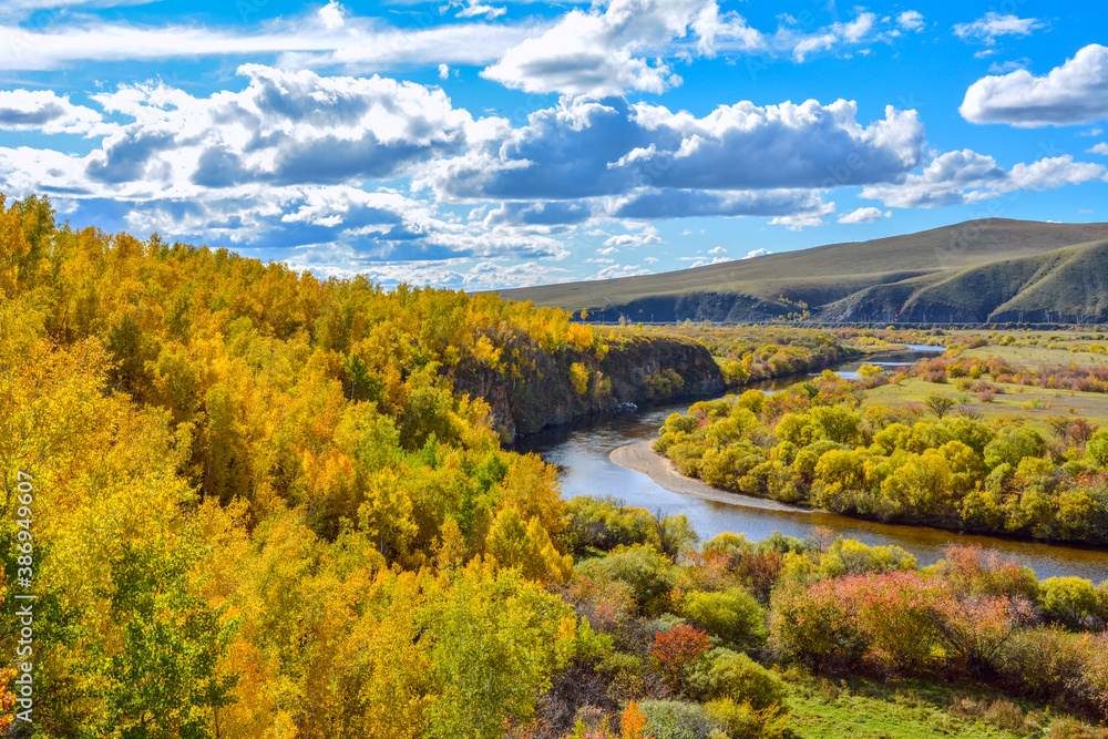 beautiful autumn landscape on a Sunny day at the bend of the river in Transbaikalia
