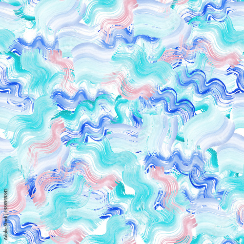 Seamless pattern of dry brush strokes in watercolor in blue colors. Waves on a white background.
