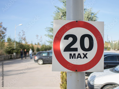 Maximum speed 20 sign on the road, maximum speed sign