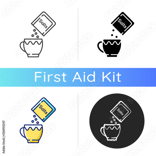 Oral rehydration salts icon. Medical salts for diarrhea treatment. Dehydration remedy. Powder pack for patient therapy. Linear black and RGB color styles. Isolated vector illustrations