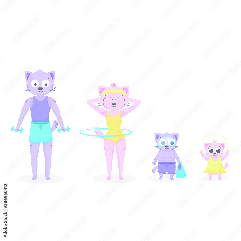 Naklejka premium Vector pattern in pastel colors on the theme of a healthy lifestyle, an athletic feline family. Vector illustration for print, postcard, textile and fabric