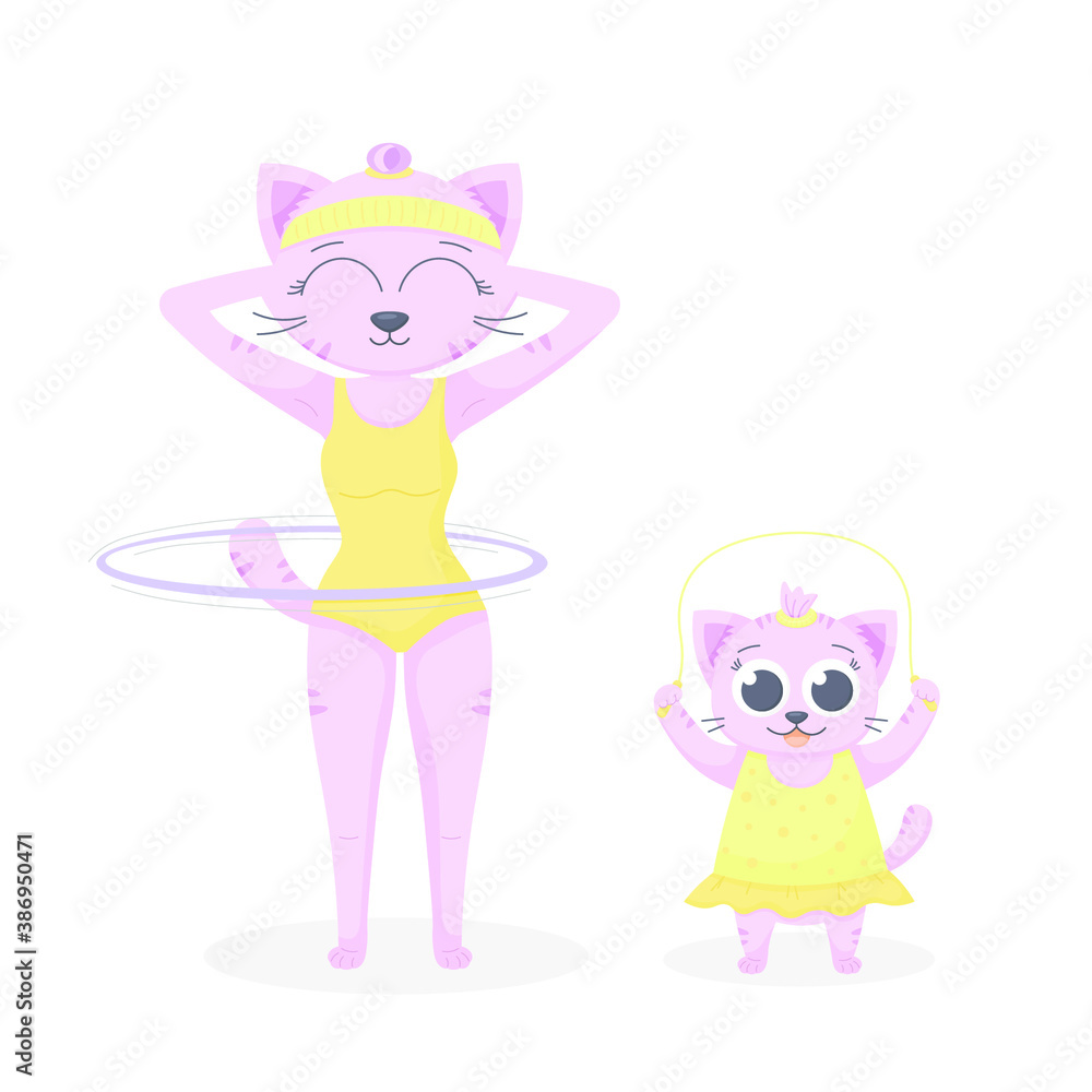 Obraz premium Vector pattern in pastel colors on the theme of a healthy lifestyle, an athletic feline family. Vector illustration for print, postcard, textile and fabric