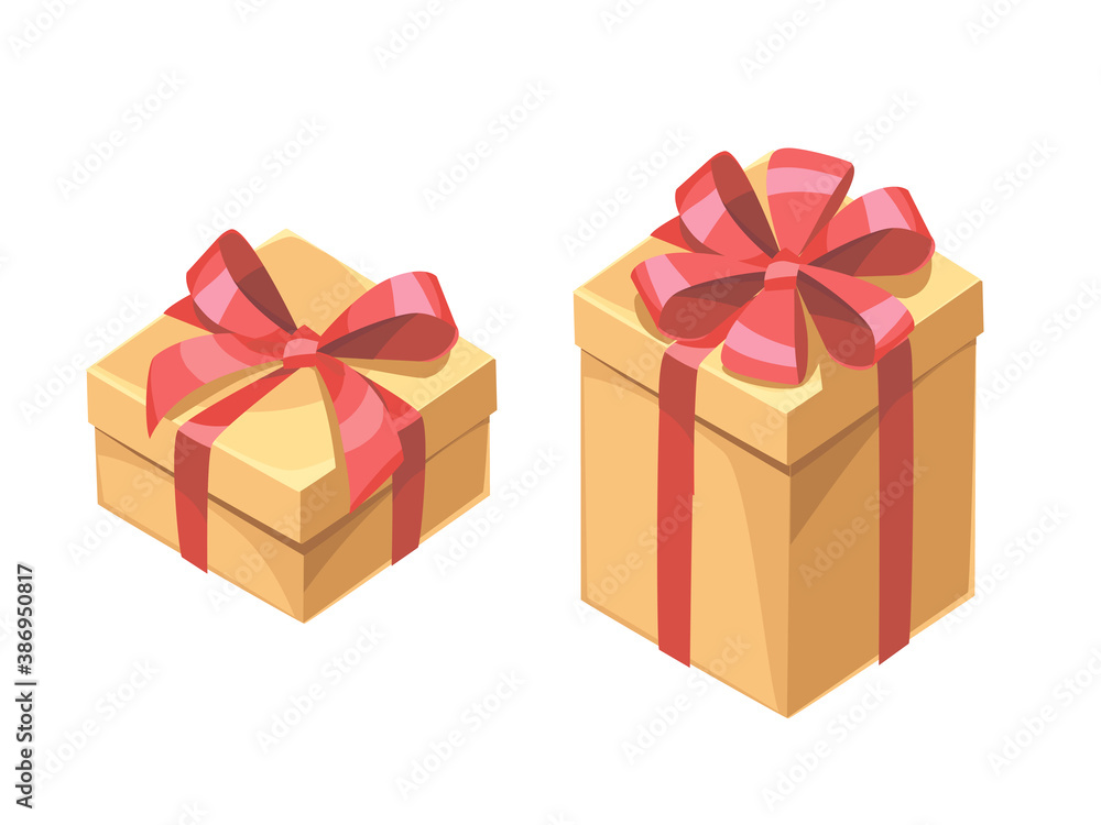 Fototapeta premium Gift boxes with red bow ribbon, presents for Birthday. Christmas New year present box isolated on white.