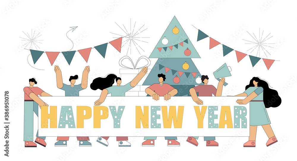 People are holding a banner with the inscription Happy New Year. New year concept. Vector illustration isolated on white background.