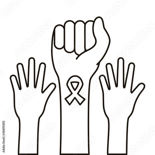 hands fight with ribbon breast cancer line style icon
