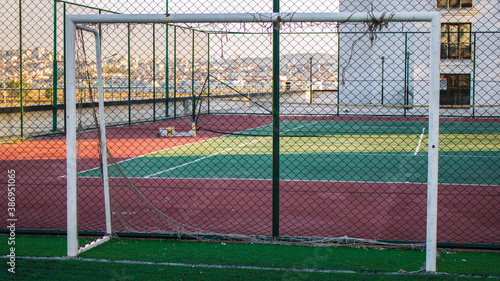 A soccer goal post on a field