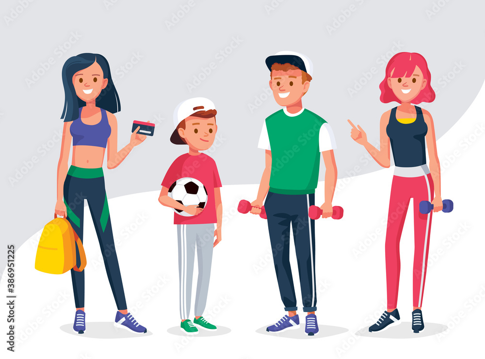Regular female gym visitor customer, goer. Man and woman standing with dumbbells. Boy standing holding ball. Regular female gym visitor customer, goer. Man and woman standing with dumbbells. Boy standing holding ball.