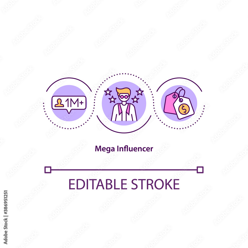 Mega influencer concept icon. Star advertises products. Modern product online selling. Popular celebrity idea thin line illustration. Vector isolated outline RGB color drawing. Editable stroke