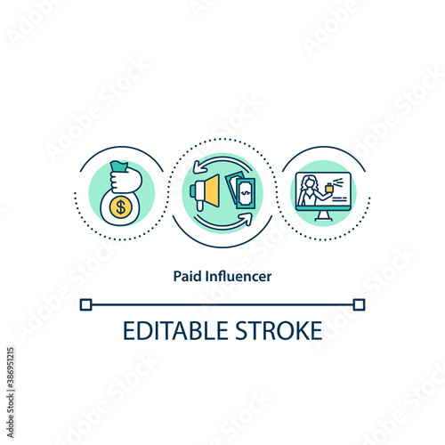 Paid influencer concept icon. Social media advertisment for money. Finding new customers. Blogging earning idea thin line illustration. Vector isolated outline RGB color drawing. Editable stroke