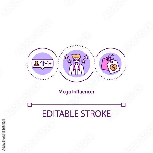 Mega influencer concept icon. Star advertises products. Modern product online selling. Popular celebrity idea thin line illustration. Vector isolated outline RGB color drawing. Editable stroke