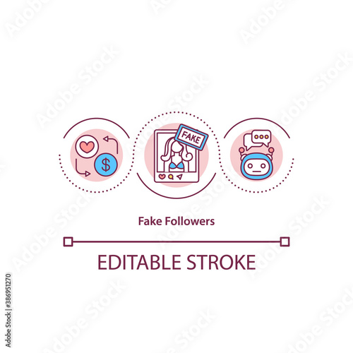 Fake followers concept icon. Faked audience. Social media scam. Bot pages creation. Popular lier idea thin line illustration. Vector isolated outline RGB color drawing. Editable stroke