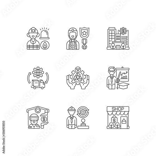 Key services linear icons set. Firefighting. Public safety. Bank. Environmental services. Customizable thin line contour symbols. Isolated vector outline illustrations. Editable stroke