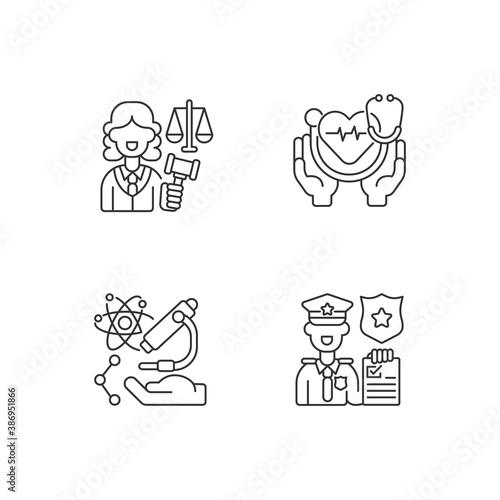 Critical services linear icons set. Justice sector. Health care. Human services. Research. Judiciary. Customizable thin line contour symbols. Isolated vector outline illustrations. Editable stroke