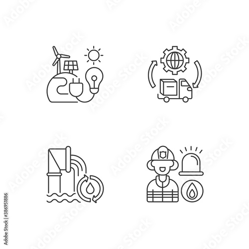 Basic services linear icons set. Renewable-energy facilities. Water and wastewater. Firefighting. Customizable thin line contour symbols. Isolated vector outline illustrations. Editable stroke