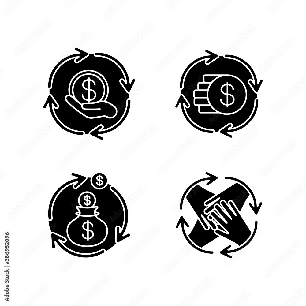 Financial synergy black glyph icons set on white space. Money flow. Invest in business. Financial operation. Bank service. Community involvement. Silhouette symbols. Vector isolated illustration