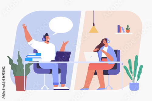Working at home. Virtual meeting. Online conference. Young people working on laptops and computers at home. People at home in quarantine. Flat Vector illustration