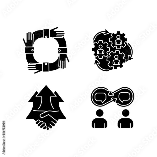 Cooperation black glyph icons set on white space. Human synergy. Operating teamwork. Partnership for corporate project. Workforce relation. Silhouette symbols. Vector isolated illustration