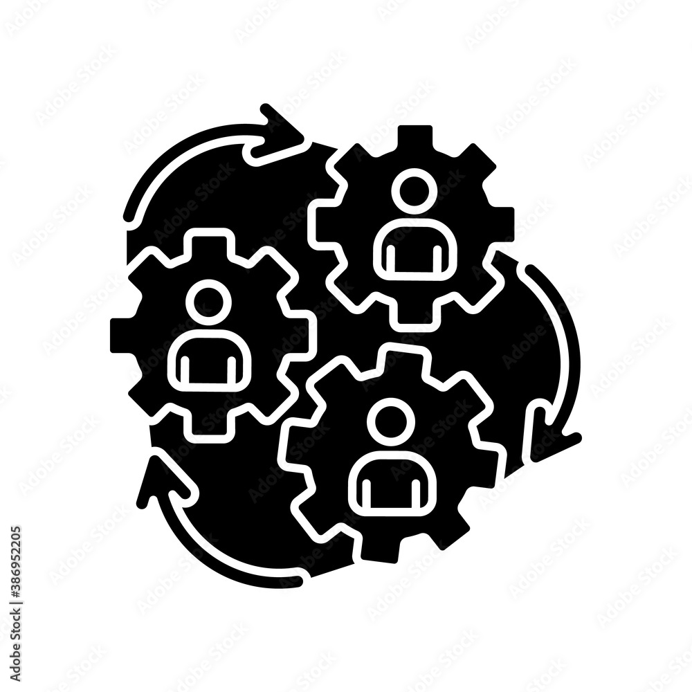Human synergy black glyph icon. Corporate workforce. Collaboration of company employee. Business cooperation. Develop organization. Silhouette symbol on white space. Vector isolated illustration