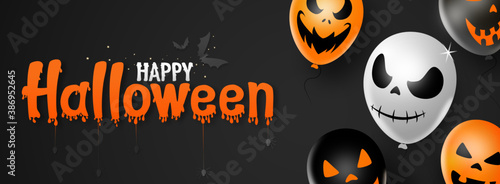 Happy halloween text banner  scary balloons  bats  spider  isolated  on black   background  party on holiday events   vector illustration