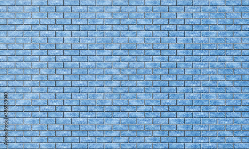 Brickwork with marble or blue ice texture. Background of evenly laid bright colored bricks. Template for text and design. Cold wall. Panoramic rendering image.