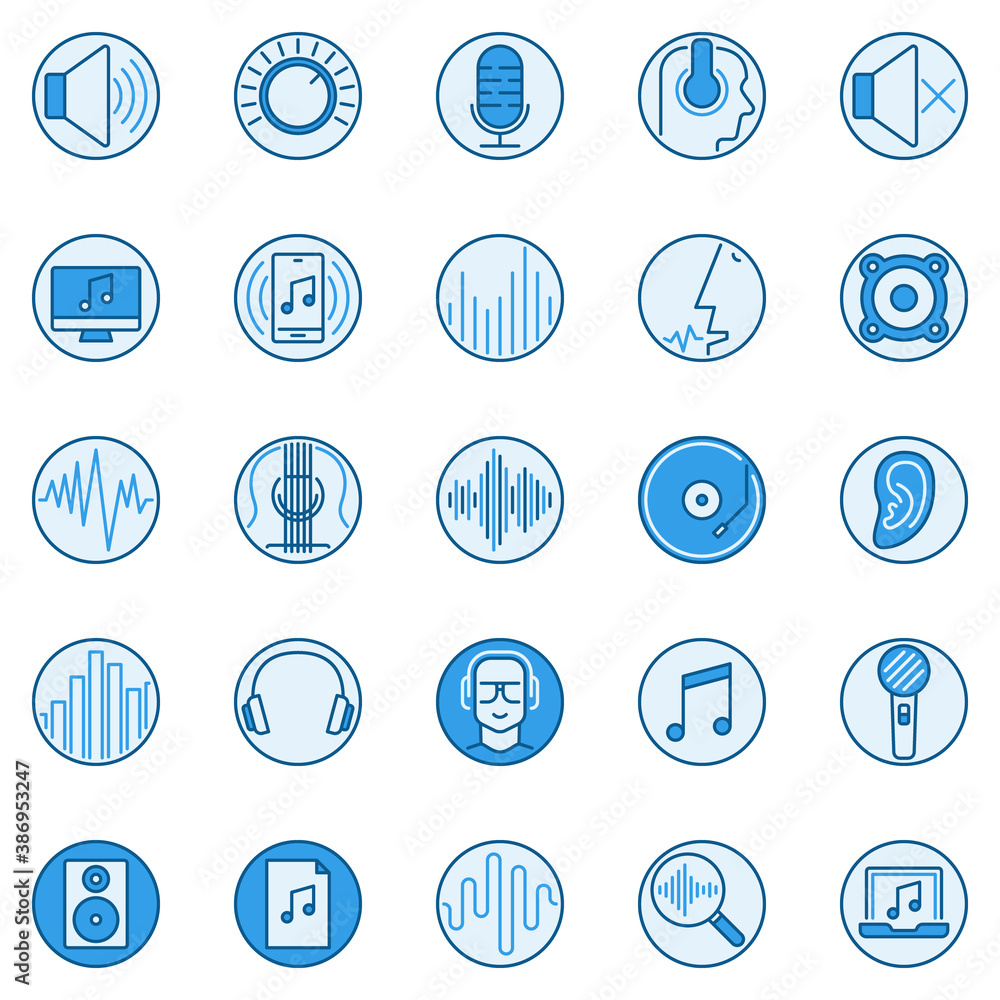 Sound creative vector round icons collection. Music and Audio concept blue signs set