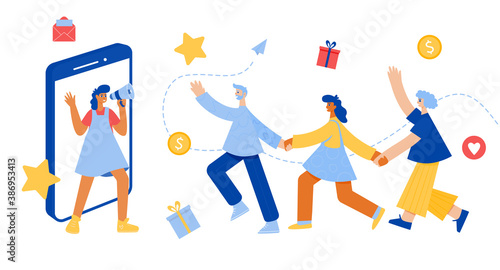 Refer a friend concept. Woman with megaphone. 