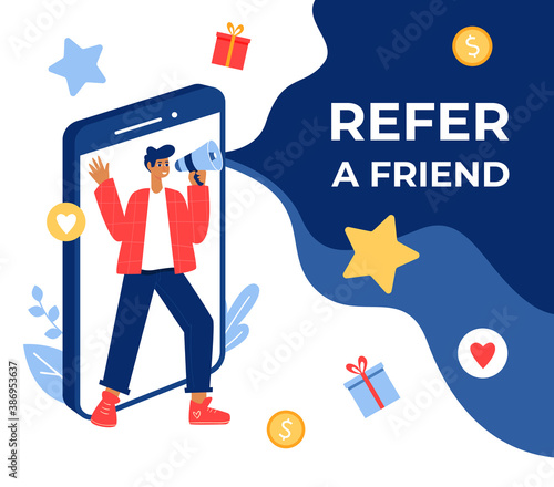 Refer a friend concept. Guy with megaphone. 