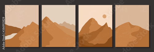Abstract contemporary aesthetic posters with landscape, desert, sand dunes, sun, moon. Boho wall decor terracotta colors.