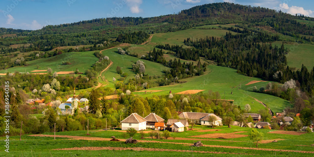 Rural landscape with picturesque village Volovets at sunset with green fields and hills in Carpathian Mountains