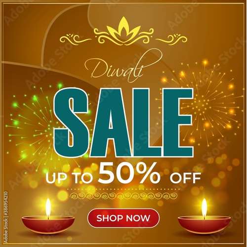 Diwali Festive Season Sale banner, up to 50% cashback. Limited offer Dipawali, Indian festival, diya lamp, oil lamp, colorful bokeh background, vector illustration offer banner, advertisement