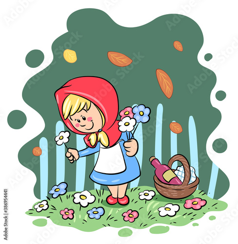Rotkäppchen pflückt Blumen - Vektor-Illustration