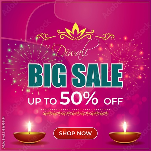 Diwali Festive Season Sale banner, up to 50% cashback. Limited offer Dipawali, Indian festival, diya lamp, oil lamp, colorful bokeh background, vector illustration offer banner, advertisement