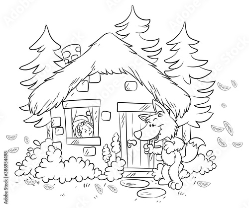 Böser Wolf vor Großmutters Haus - Vektor-Illustration