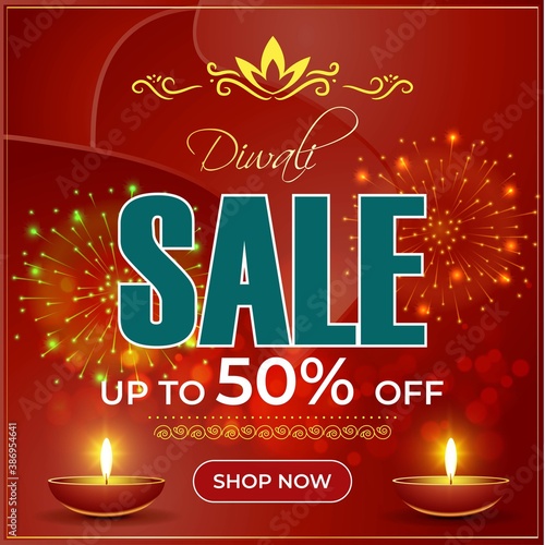 Diwali Festive Season Sale banner, up to 50% cashback. Limited offer Dipawali, Indian festival, diya lamp, oil lamp, colorful bokeh background, vector illustration offer banner, advertisement