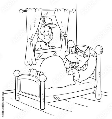 Jäger findet Wolf in Großmutters Bett - Vektor-Illustration