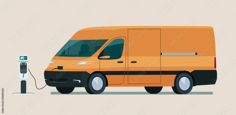 Electric cargo van isolated. Electric car is charging. Vector flat style illustration. Electric cargo van isolated. Electric car is charging. Vector flat style illustration.
